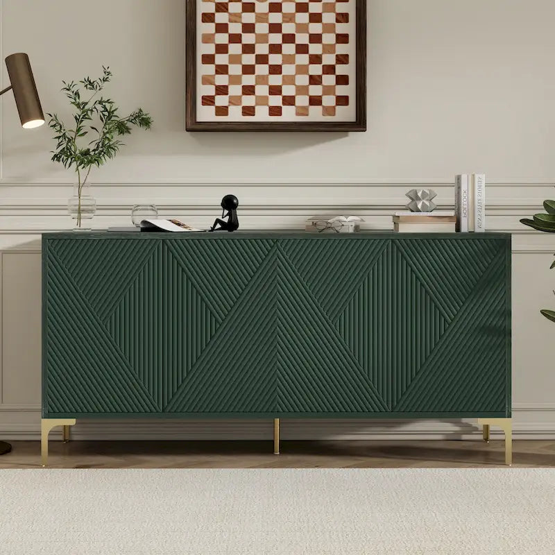 Buffet 4 portes de 60 pouces avec panneaux sculptés et étagères réglables pour entrée, salle à manger ou salon
