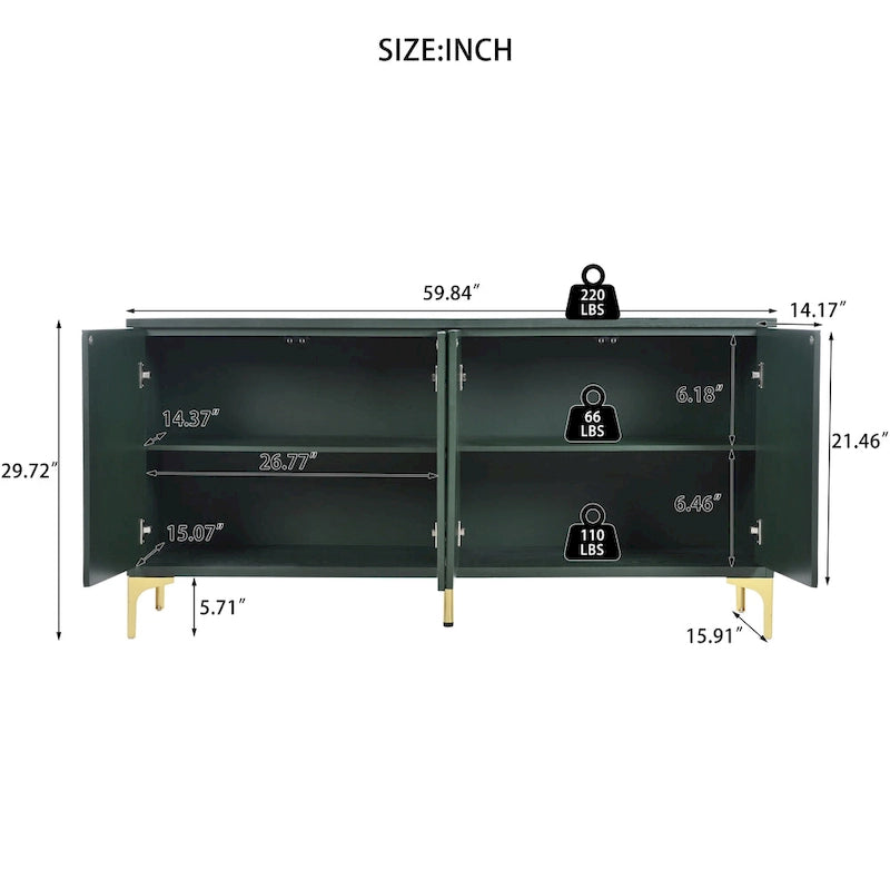 Buffet 4 portes de 60 pouces avec panneaux sculptés et étagères réglables pour entrée, salle à manger ou salon
