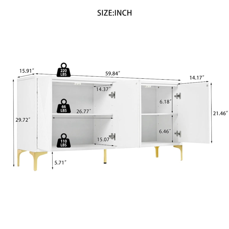 Buffet 4 portes de 60 pouces avec panneaux sculptés et étagères réglables pour entrée, salle à manger ou salon