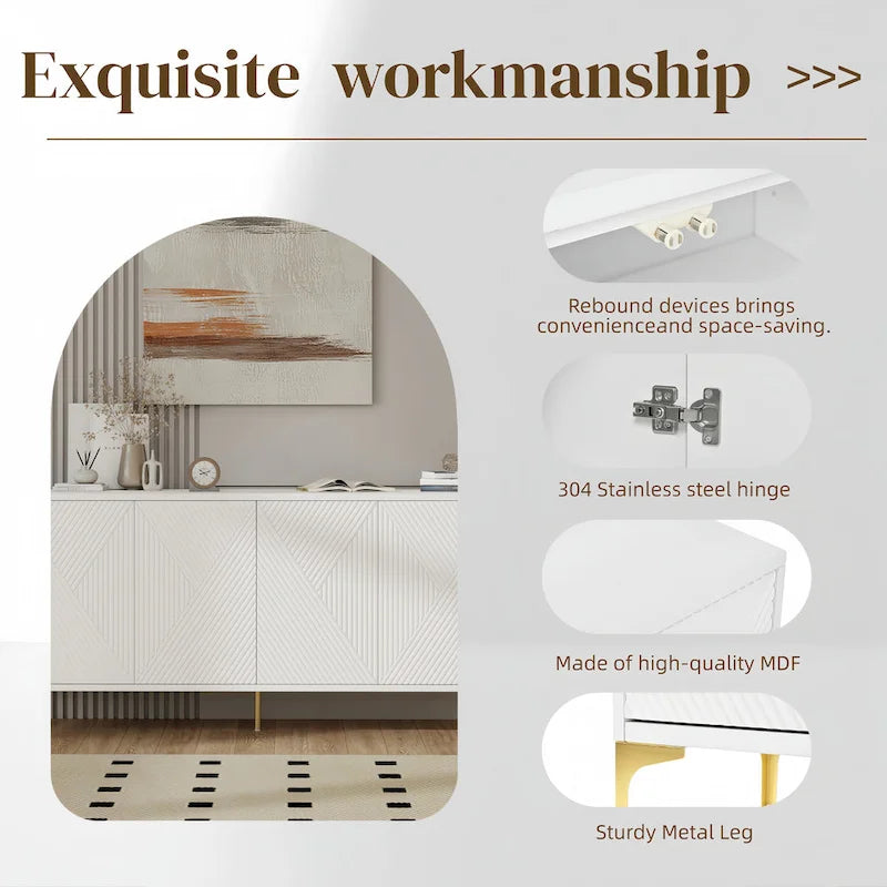 Buffet 4 portes de 60 pouces avec panneaux sculptés et étagères réglables pour entrée, salle à manger ou salon