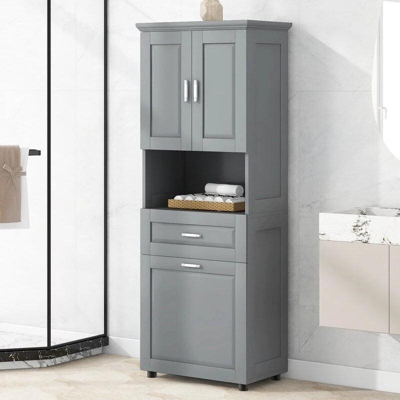 Armoire de rangement haute pour salle de bain avec panier à linge inclinable, tiroir et étagère réglable, meuble sur pied