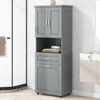 Armoire de rangement haute pour salle de bain avec panier à linge inclinable, tiroir et étagère réglable, meuble sur pied