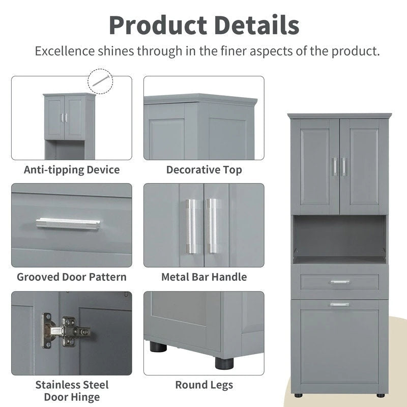 Armoire de rangement haute pour salle de bain avec panier à linge inclinable, tiroir et étagère réglable, meuble sur pied