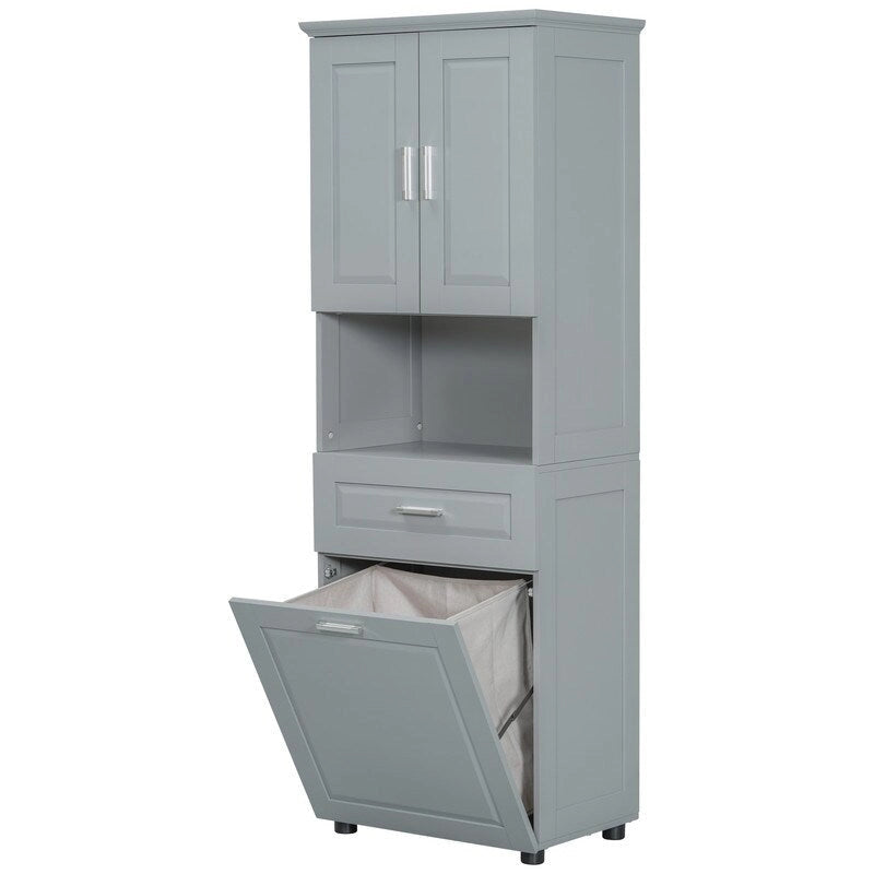 Armoire de rangement haute pour salle de bain avec panier à linge inclinable, tiroir et étagère réglable, meuble sur pied