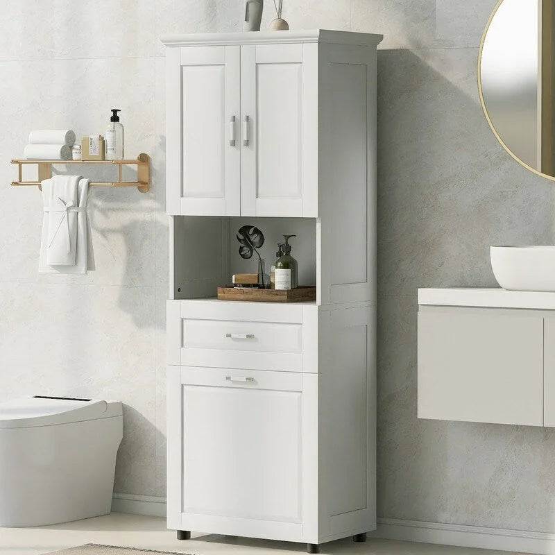Armoire de rangement haute pour salle de bain avec panier à linge inclinable, tiroir et étagère réglable, meuble sur pied