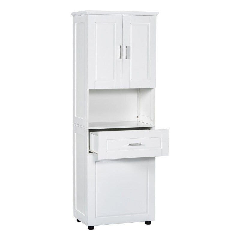 Armoire de rangement haute pour salle de bain avec panier à linge inclinable, tiroir et étagère réglable, meuble sur pied