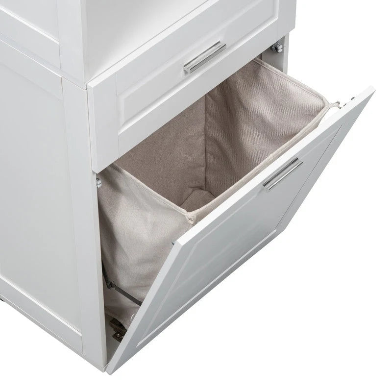 Armoire de rangement haute pour salle de bain avec panier à linge inclinable, tiroir et étagère réglable, meuble sur pied