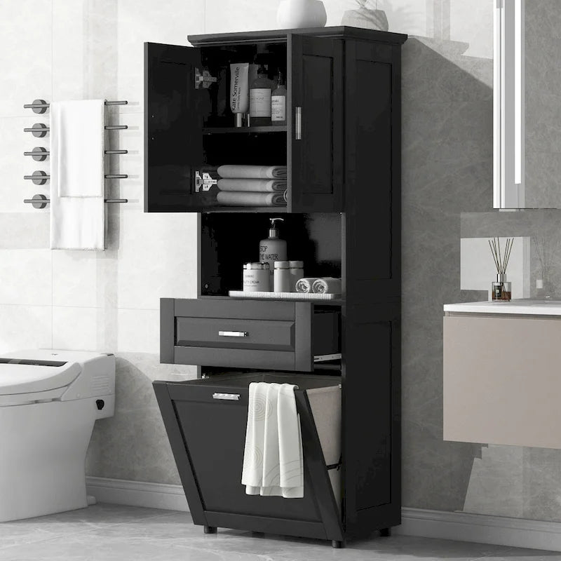 Armoire de rangement haute pour salle de bain avec panier à linge inclinable, tiroir et étagère réglable, meuble sur pied
