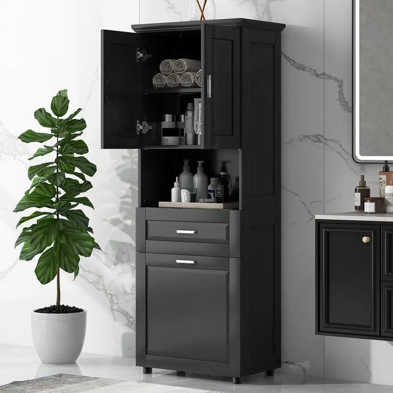Armoire de rangement haute pour salle de bain avec panier à linge inclinable, tiroir et étagère réglable, meuble sur pied