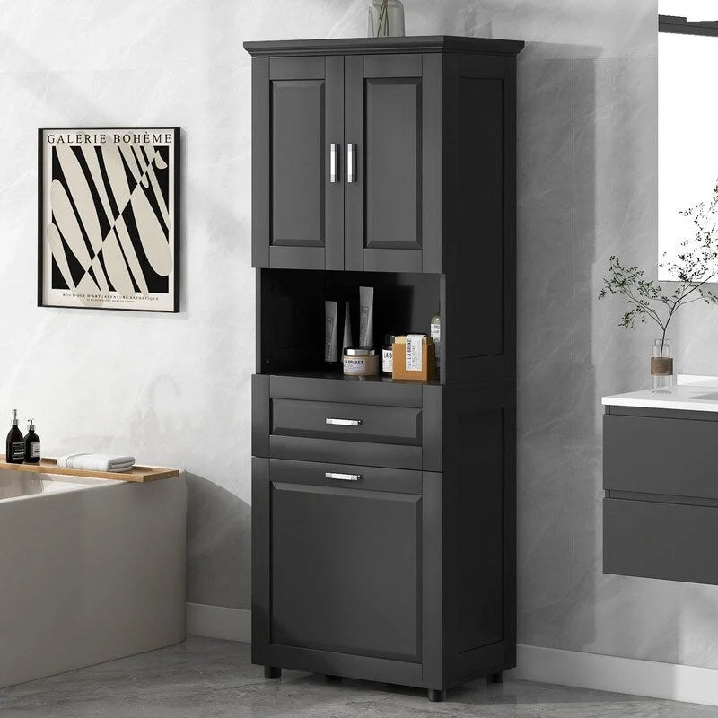 Armoire de rangement haute pour salle de bain avec panier à linge inclinable, tiroir et étagère réglable, meuble sur pied