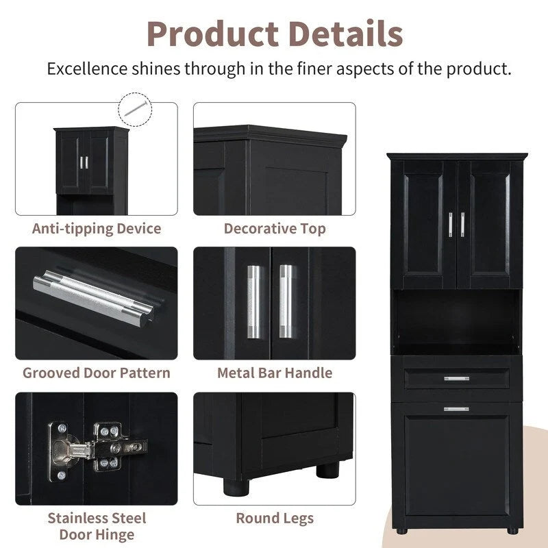 Armoire de rangement haute pour salle de bain avec panier à linge inclinable, tiroir et étagère réglable, meuble sur pied