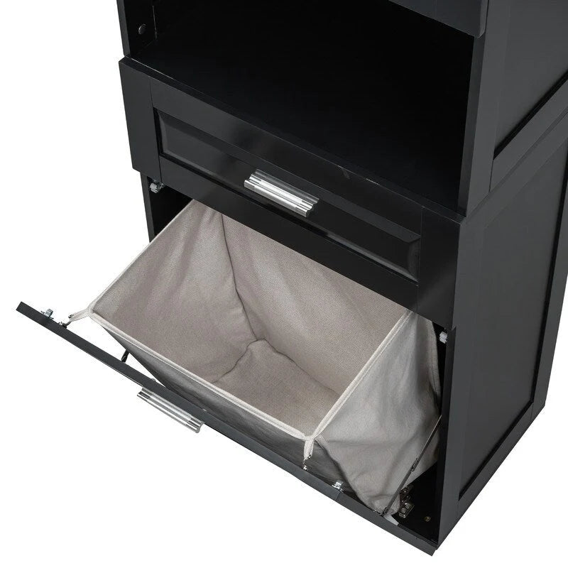 Armoire de rangement haute pour salle de bain avec panier à linge inclinable, tiroir et étagère réglable, meuble sur pied