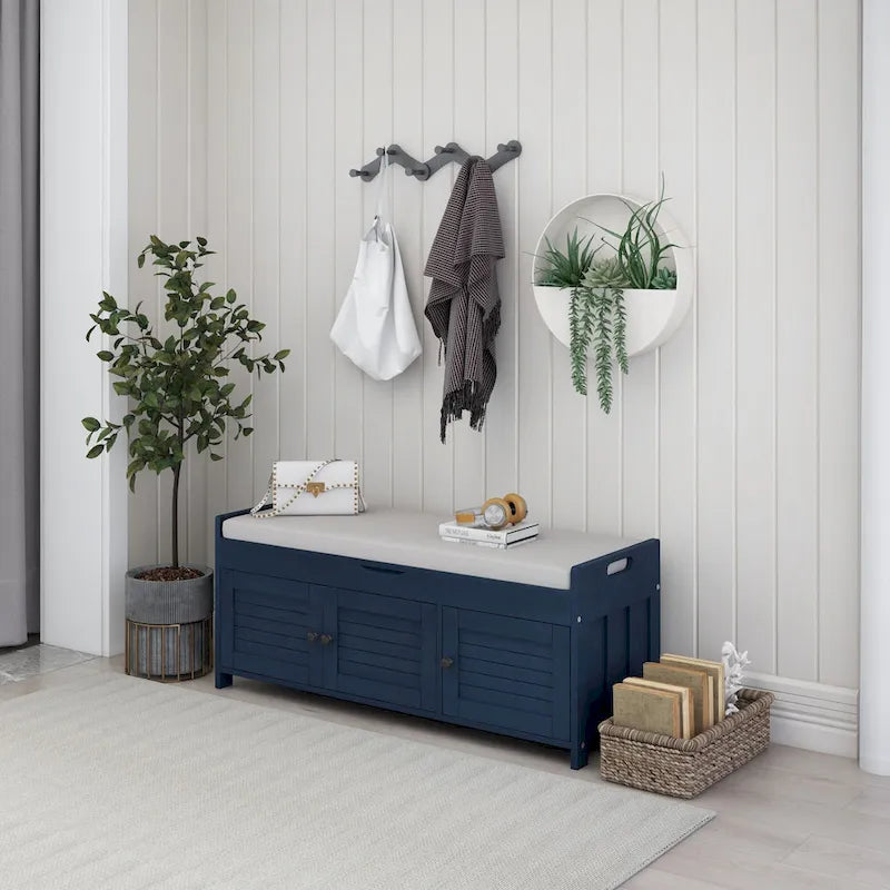 Wood Storage Bench with 3 Shutter-Shaped Doors and Flip-Open Storage Box, Entryway Shoe Bench with Adjustable Shelves