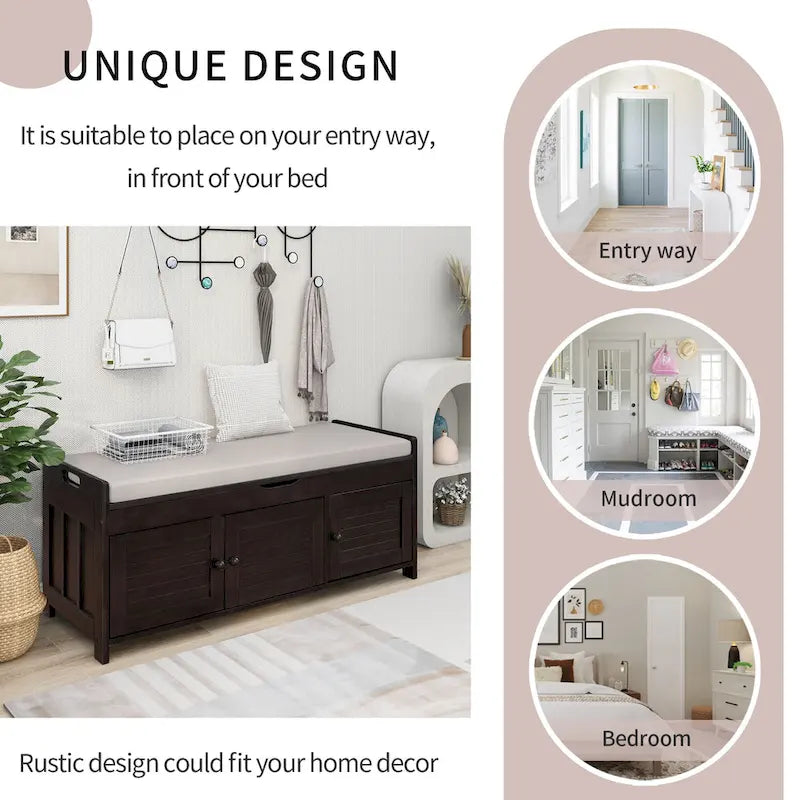 Banc de rangement en bois avec 3 portes à persiennes et coffre de rangement rabattable, banc à chaussures d'entrée avec étagères réglables