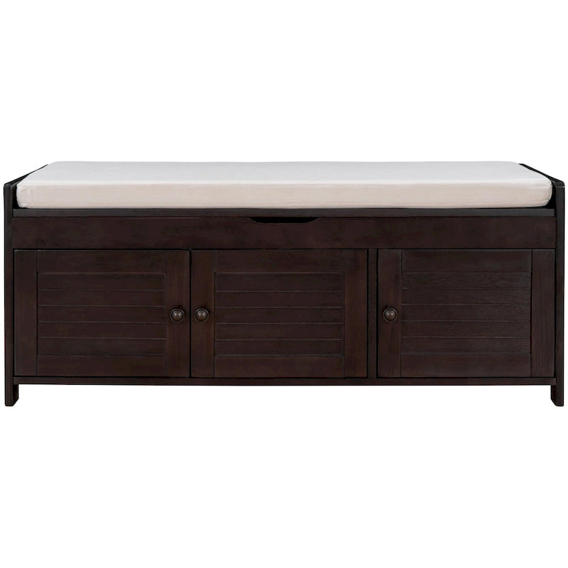 Banc de rangement en bois avec 3 portes à persiennes et coffre de rangement rabattable, banc à chaussures d'entrée avec étagères réglables