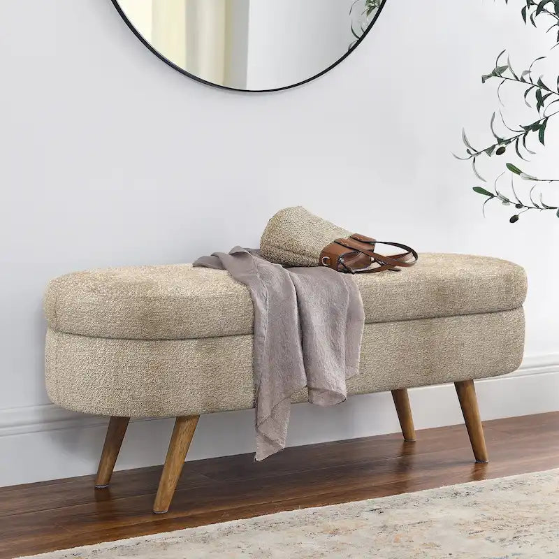 Banc de rangement ovale, recouvert de tissu, avec pieds en bois d'hévéa, pour chambre, entrée ou salon (43,5 x 16 x 16)