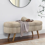 Banc de rangement ovale, recouvert de tissu, avec pieds en bois d'hévéa, pour chambre, entrée ou salon (43,5 x 16 x 16)