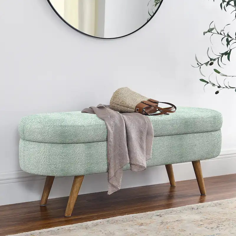 Banc de rangement ovale, recouvert de tissu, avec pieds en bois d'hévéa, pour chambre, entrée ou salon (43,5 x 16 x 16)