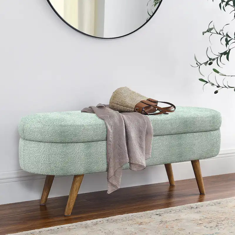 Oval Storage Bench Fabric Upholstered Entryway Bench with Rubber Wood Legs for Bedroom, Entryway, Living Room(43.5x16x16)