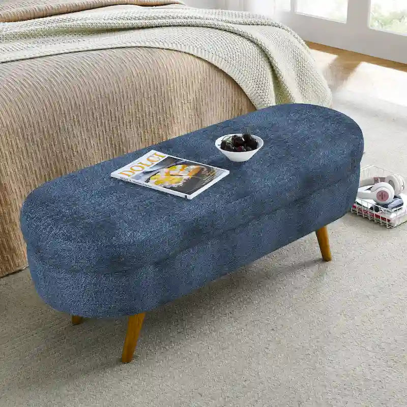 Banc de rangement ovale, recouvert de tissu, avec pieds en bois d'hévéa, pour chambre, entrée ou salon (43,5 x 16 x 16)