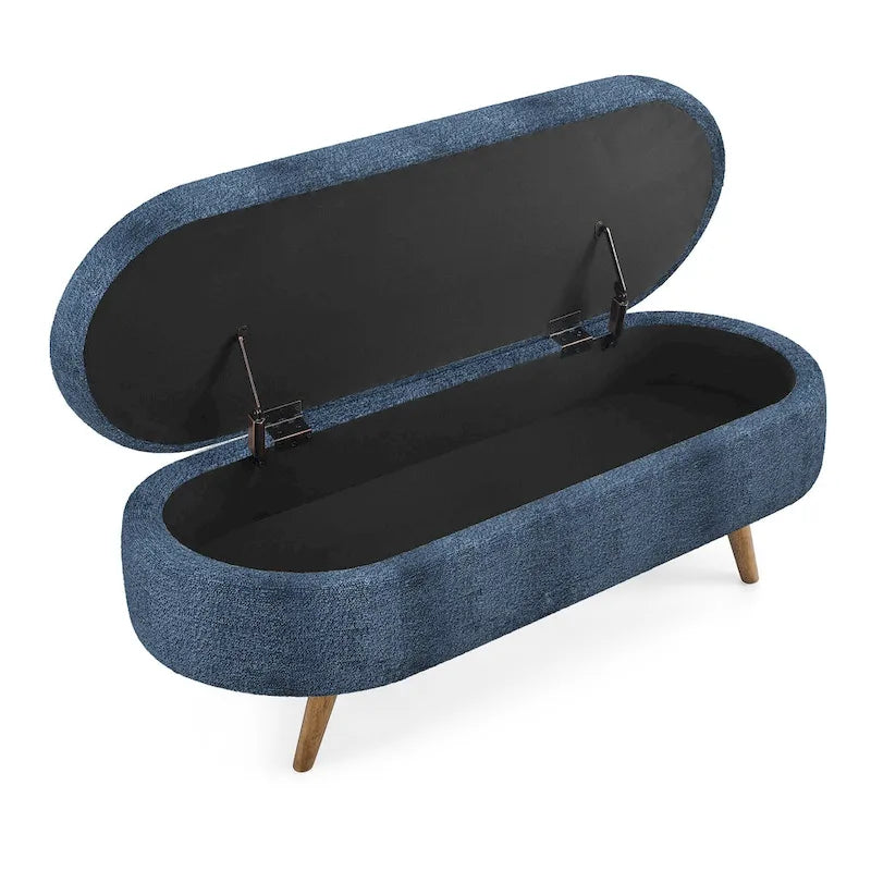 Banc de rangement ovale, recouvert de tissu, avec pieds en bois d'hévéa, pour chambre, entrée ou salon (43,5 x 16 x 16)