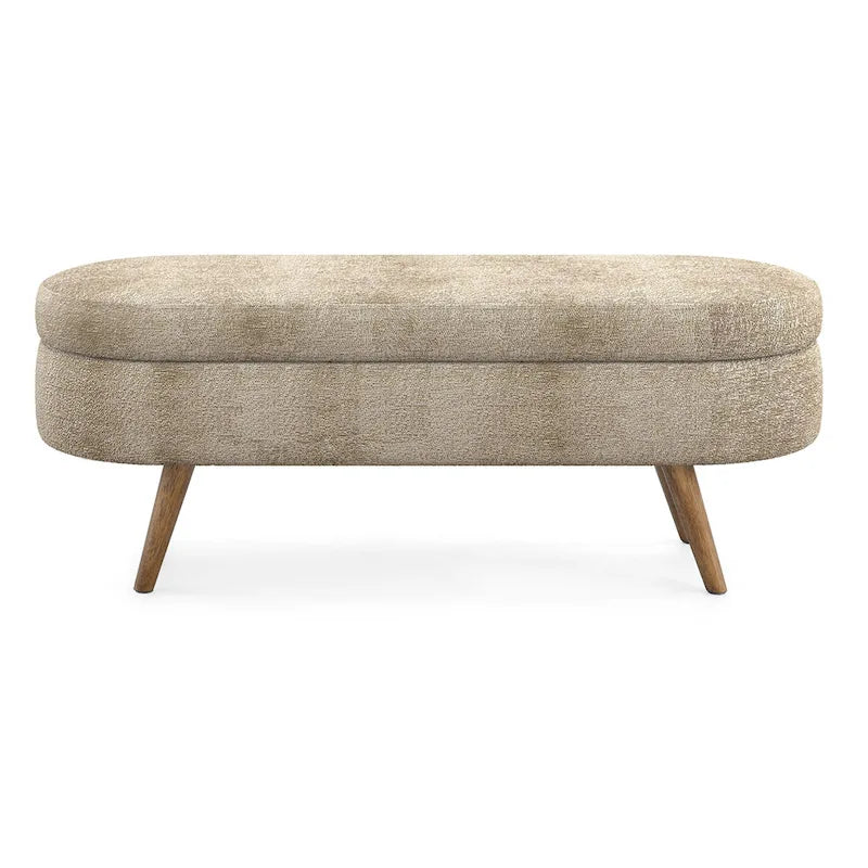 Banc de rangement ovale, recouvert de tissu, avec pieds en bois d'hévéa, pour chambre, entrée ou salon (43,5 x 16 x 16)