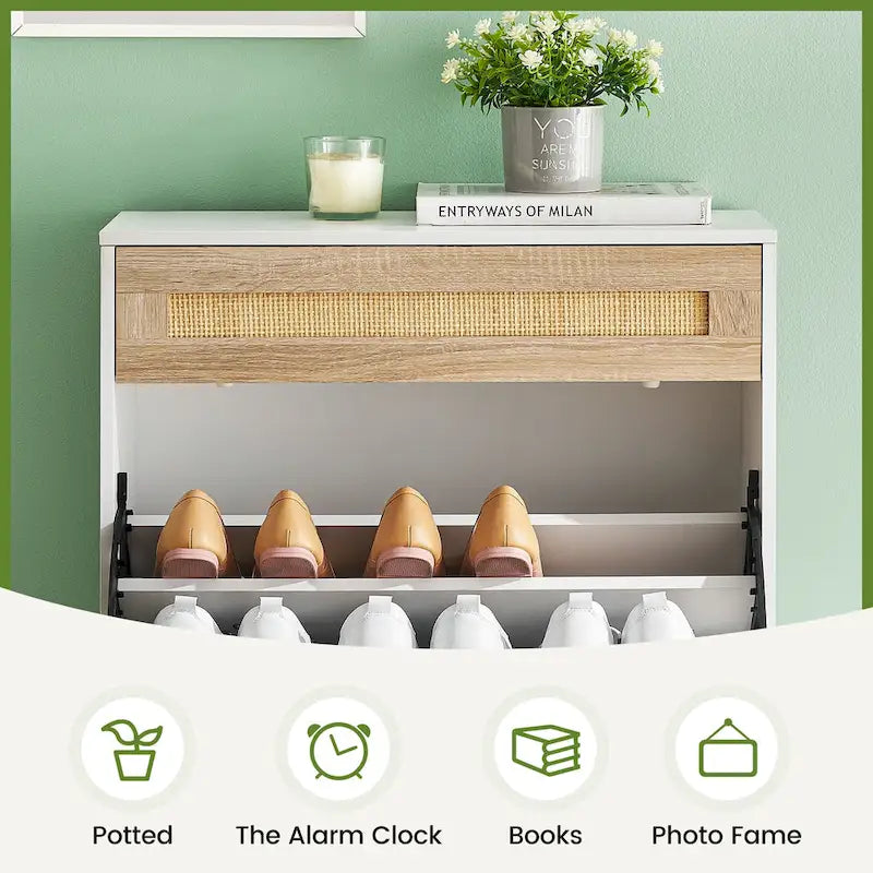 Meuble à chaussures en rotin naturel, meuble de rangement à chaussures à 2 portes rabattables
