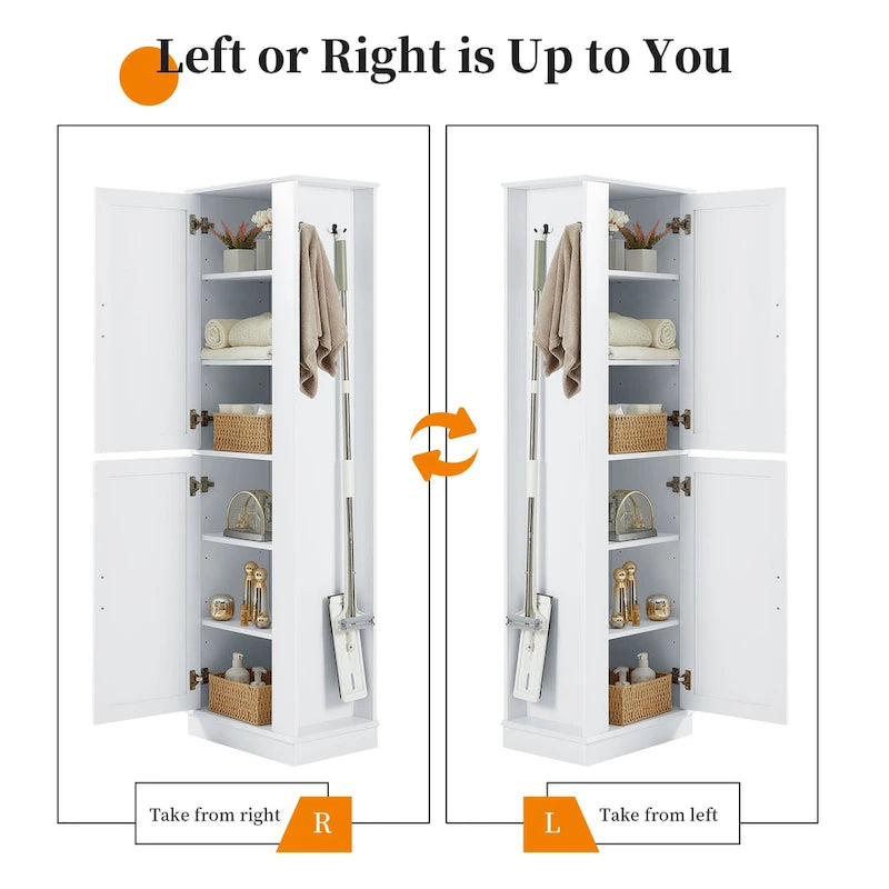 Armoire de rangement haute pour salle de bain avec deux crochets porte-serviettes, étagères réglables et porte à ouverture à gauche ou à droite