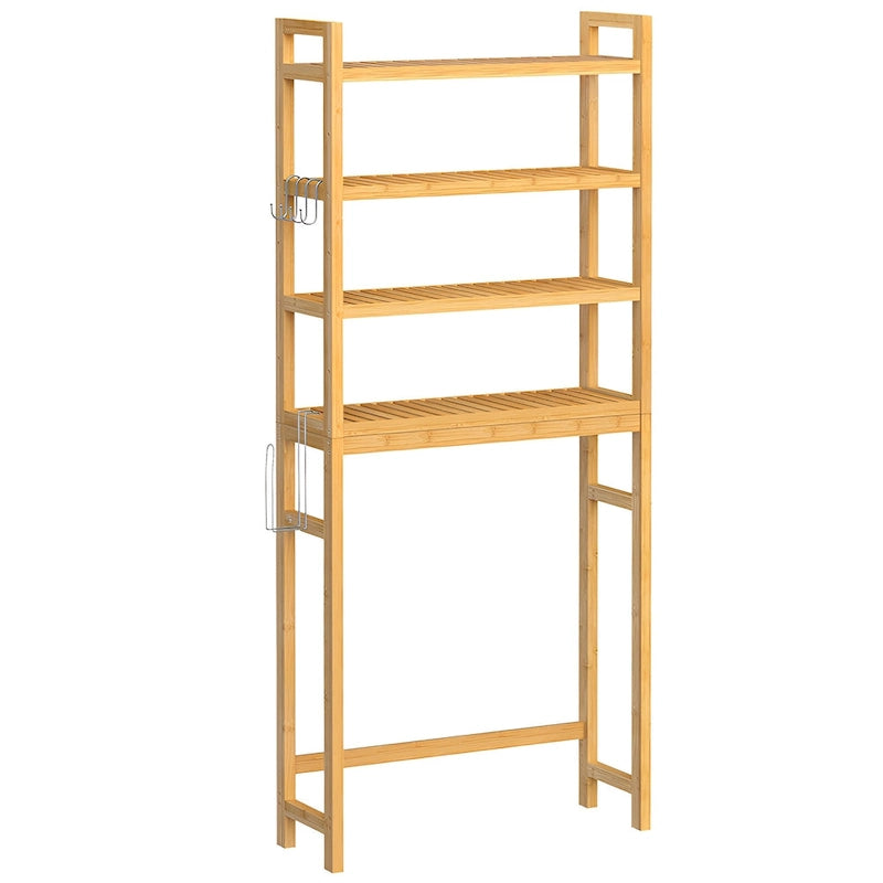 Étagère de rangement autoportante à 3 niveaux en osier, à placer au-dessus des toilettes, avec 3 niveaux d'étagère centrale réglables en hauteur.