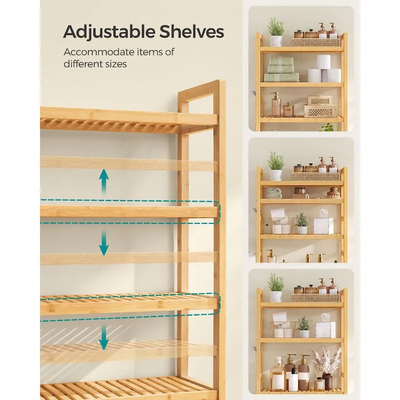 Étagère de rangement autoportante à 3 niveaux en osier, à placer au-dessus des toilettes, avec 3 niveaux d'étagère centrale réglables en hauteur.