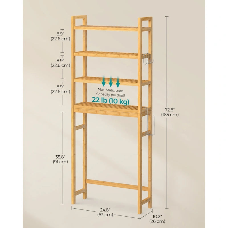 Étagère de rangement autoportante à 3 niveaux en osier, à placer au-dessus des toilettes, avec 3 niveaux d'étagère centrale réglables en hauteur.