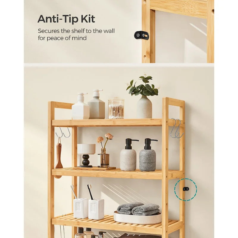 Étagère de rangement autoportante à 3 niveaux en osier, à placer au-dessus des toilettes, avec 3 niveaux d'étagère centrale réglables en hauteur.