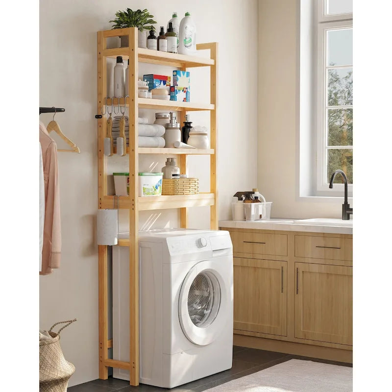 Étagère de rangement autoportante à 3 niveaux en osier, à placer au-dessus des toilettes, avec 3 niveaux d'étagère centrale réglables en hauteur.