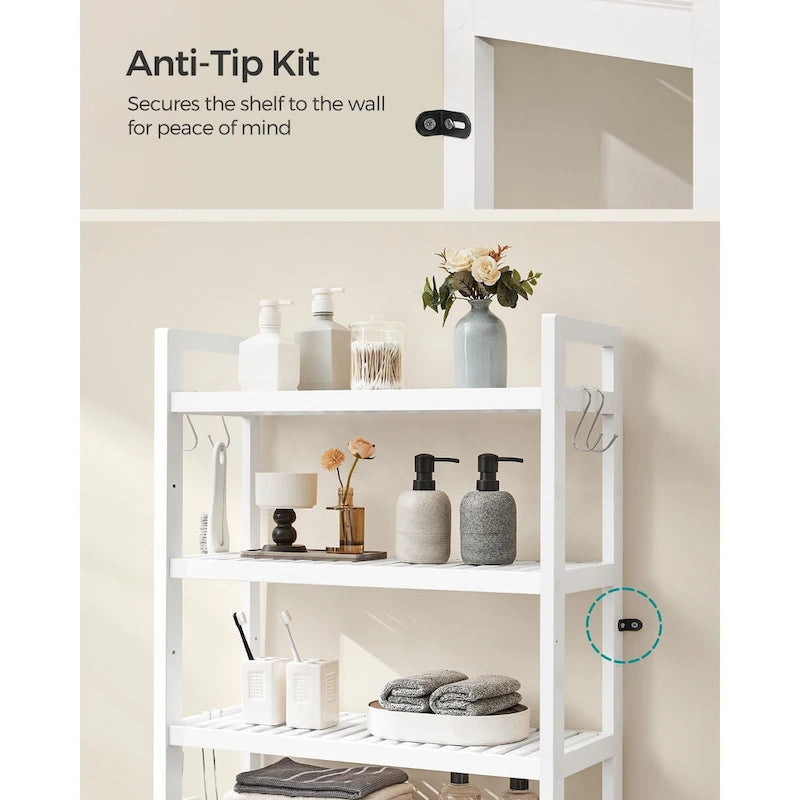 Étagère de rangement autoportante à 3 niveaux en osier, à placer au-dessus des toilettes, avec 3 niveaux d'étagère centrale réglables en hauteur.