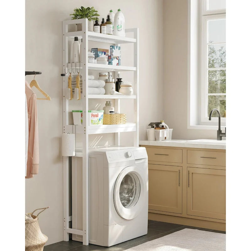 Étagère de rangement autoportante à 3 niveaux en osier, à placer au-dessus des toilettes, avec 3 niveaux d'étagère centrale réglables en hauteur.