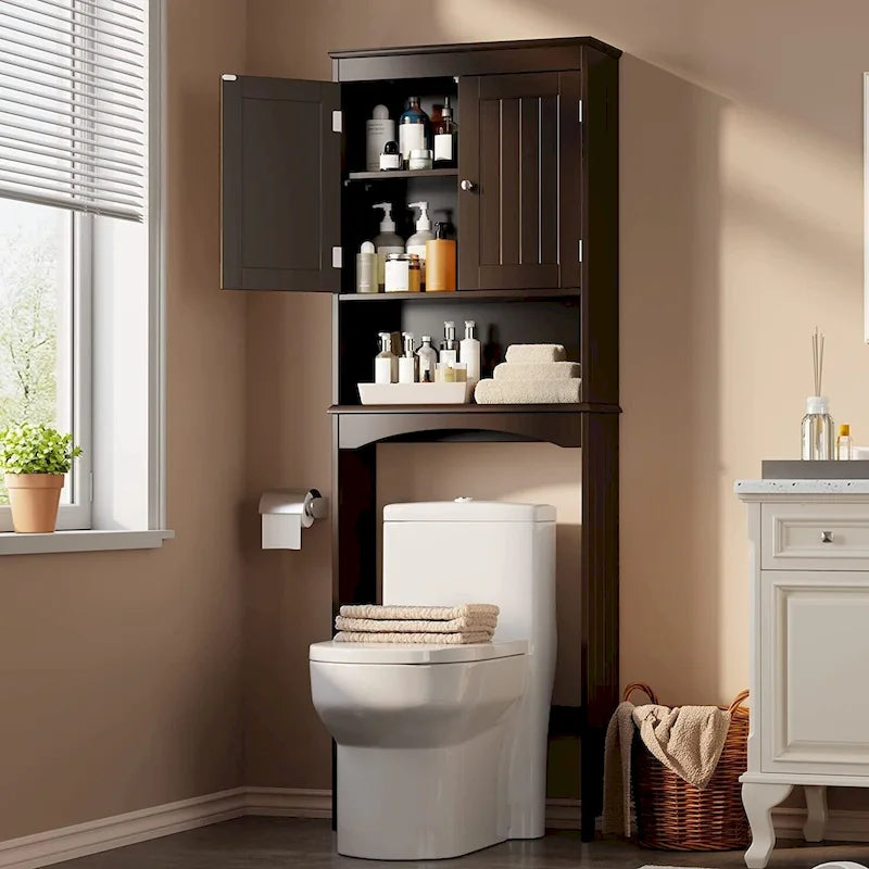 Meuble de rangement pour toilettes avec étagère réglable et double porte, étagère de toilette autoportante en bois plus haute