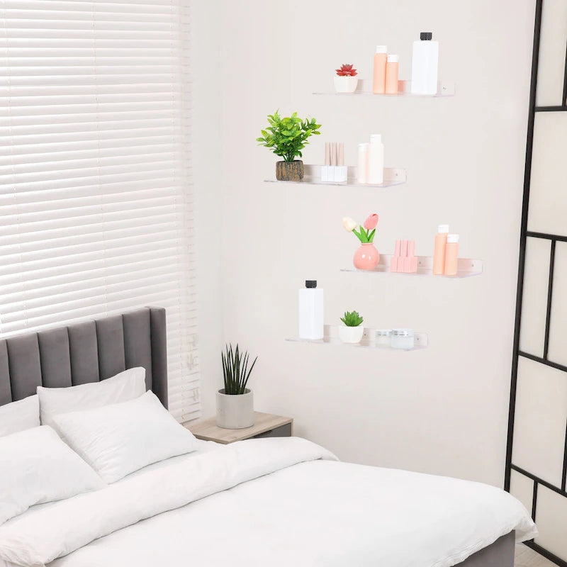 Étagères murales flottantes en acrylique transparent, idéales pour le rangement et l'organisation de la cuisine.