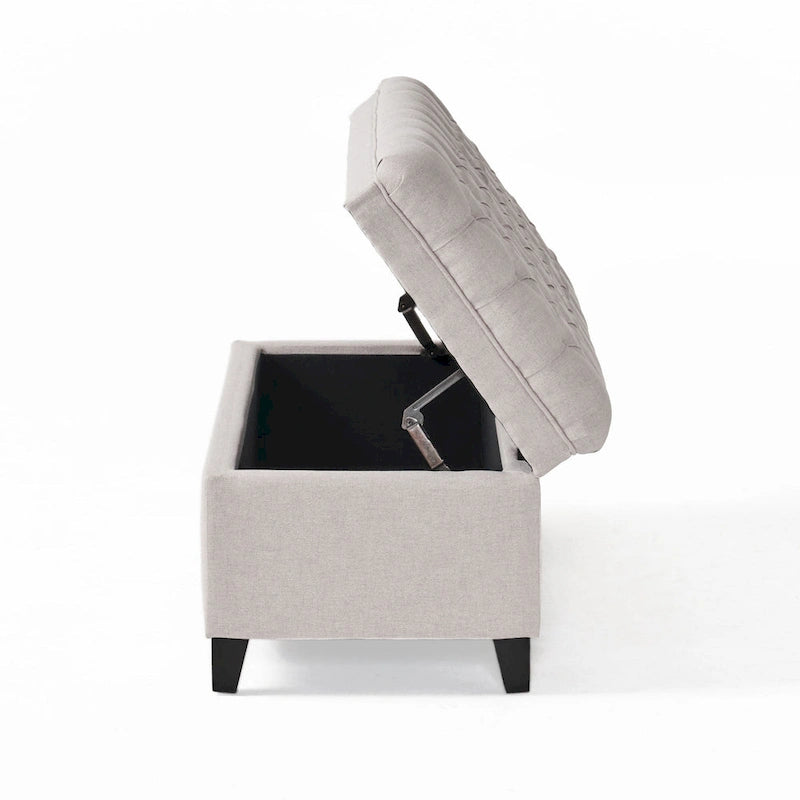 Pouf de rangement Rhya, assise de 127 cm, tissu gris capitonné