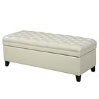 Rhya Storage Ottoman Bench, Ivory Faux Leather, Brown Wood, 50 Inch