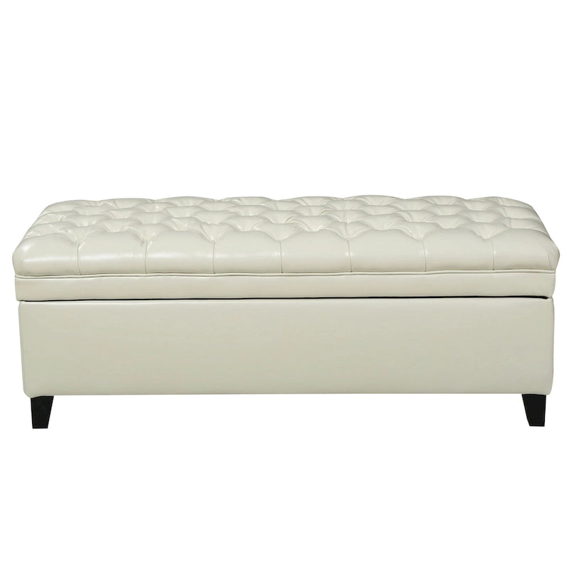 Banc coffre Rhya, similicuir ivoire, bois marron, 127 cm
