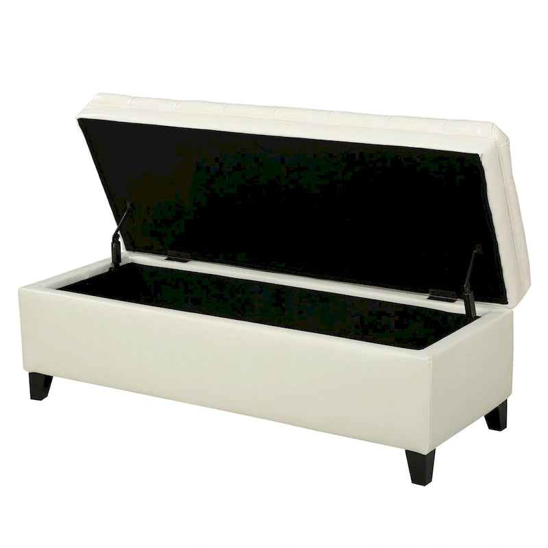 Banc coffre Rhya, similicuir ivoire, bois marron, 127 cm