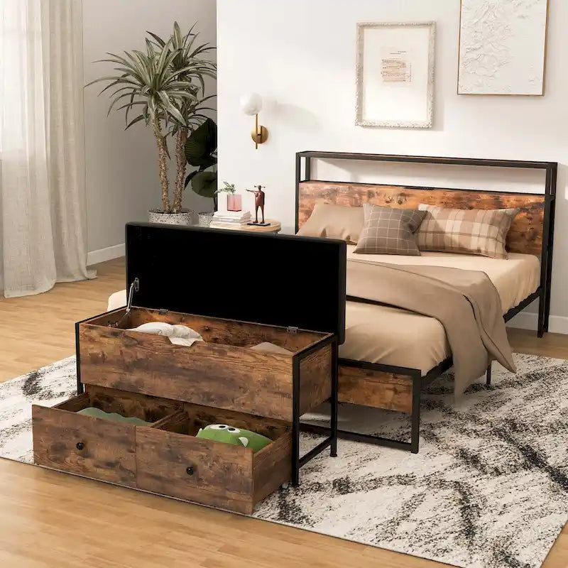 Coffre de rangement ottoman Costway avec couvercle rabattable et coffre en bois - Voir les détails