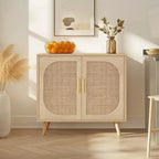 2-Door Rattan Storage Cabinet, Coffee Bar Cabinet with Solid Wood Feet, Kitchen Buffet Cabinet with Adjustable Shelf