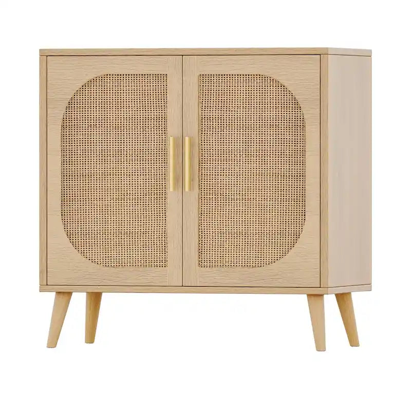 Meuble de rangement en rotin à 2 portes, meuble bar à café avec pieds en bois massif, buffet de cuisine avec étagère réglable