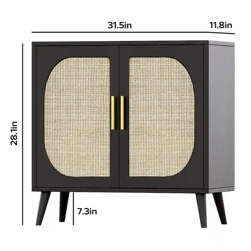 Meuble de rangement en rotin à 2 portes, meuble bar à café avec pieds en bois massif, buffet de cuisine avec étagère réglable