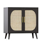 Meuble de rangement en rotin à 2 portes, meuble bar à café avec pieds en bois massif, buffet de cuisine avec étagère réglable