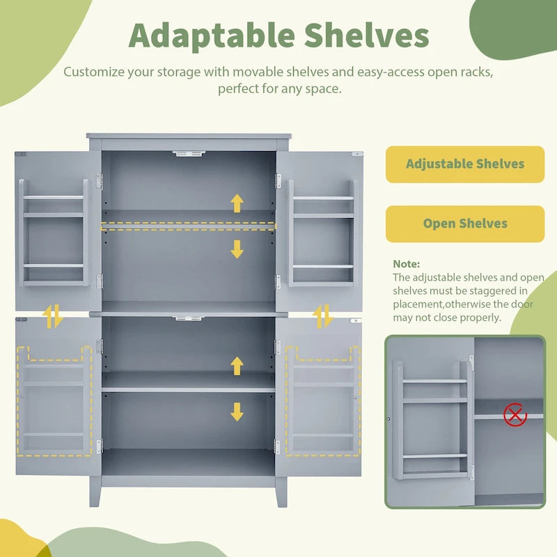Meuble de rangement élégant pour salle de bain, meuble de rangement sur pied à 4 portes et étagères réglables.