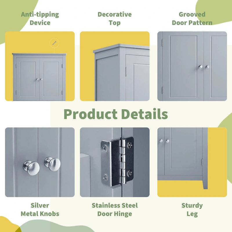 Meuble de rangement élégant pour salle de bain, meuble de rangement sur pied à 4 portes et étagères réglables.