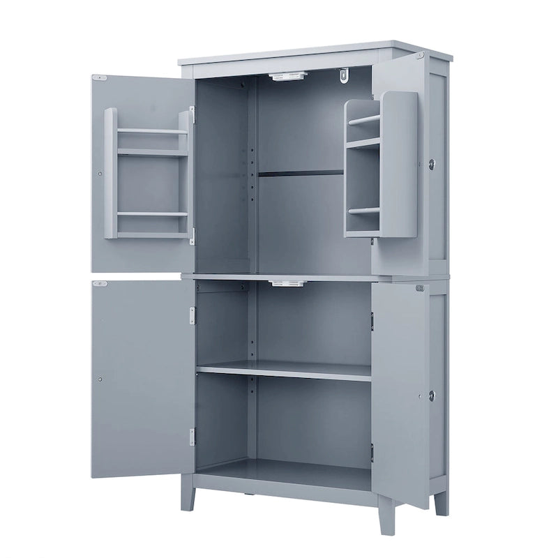 Meuble de rangement élégant pour salle de bain, meuble de rangement sur pied à 4 portes et étagères réglables.