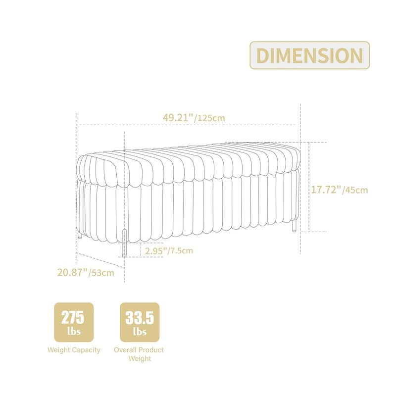 Pouf de rangement surdimensionné de 49,2 cm de large, repose-pieds/banc moderne avec pieds en métal